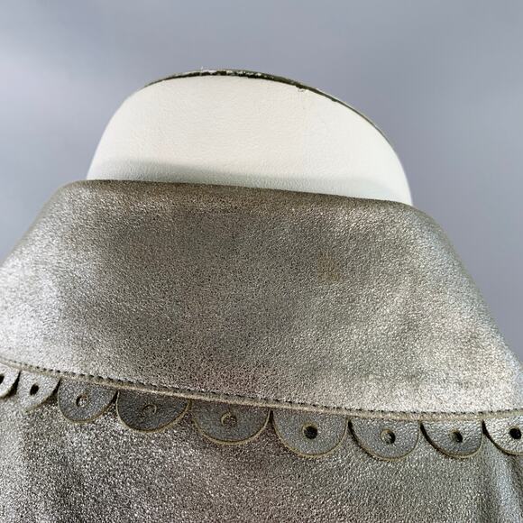 10 Silver Perforated Leather Peter Pan Collar Single Button Jacket Blazer - Picture 6 of 12